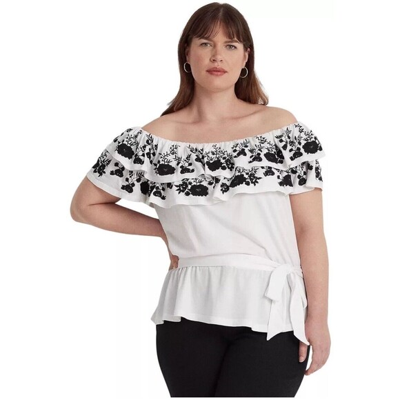 Lauren Ralph Lauren Womens White Embroidered Jersey Off-the-Shoulder Top Size 1X - Picture 1 of 7